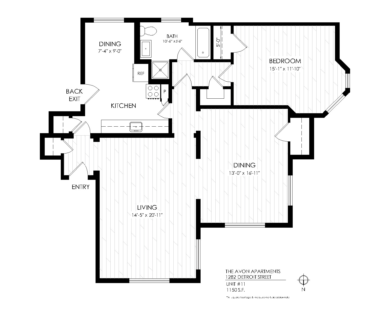 Floor plan for 1 bed, 1 bath, 690 sqft